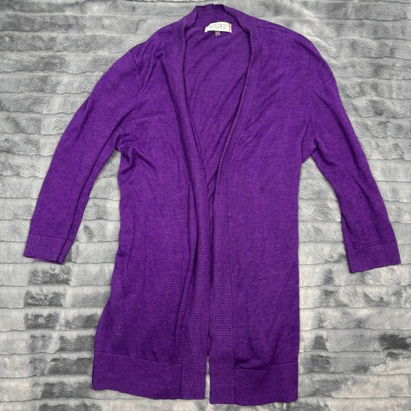 Kasper Sweaters - Kasper Womens Purple Open Front Longline Cardigan Sweater Size L 3/4 Sleeve